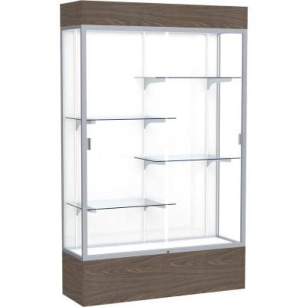 Waddell Display Case Of Ghent Reliant Lighted Display Case 48"W x 80"H x 16"D Walnut Base White Back Satin Natural Frame 2174WB-SN-WV